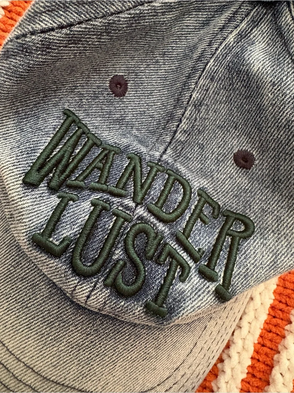 WANDERLUST Women’s Denim Baseball Cap - Blue with Green Embroidery